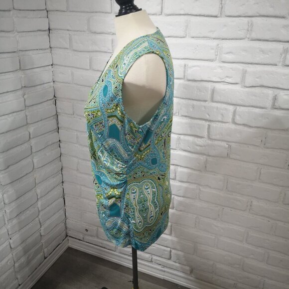 Jones New York Signature Ladies Size Large Green Teal White & Black Pattern Top - Picture 4 of 9